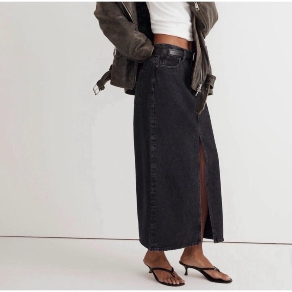 Madewell Denim Maxi Skirt Size 28 Black Mid-Rise Front Slit Capsule Minimalist